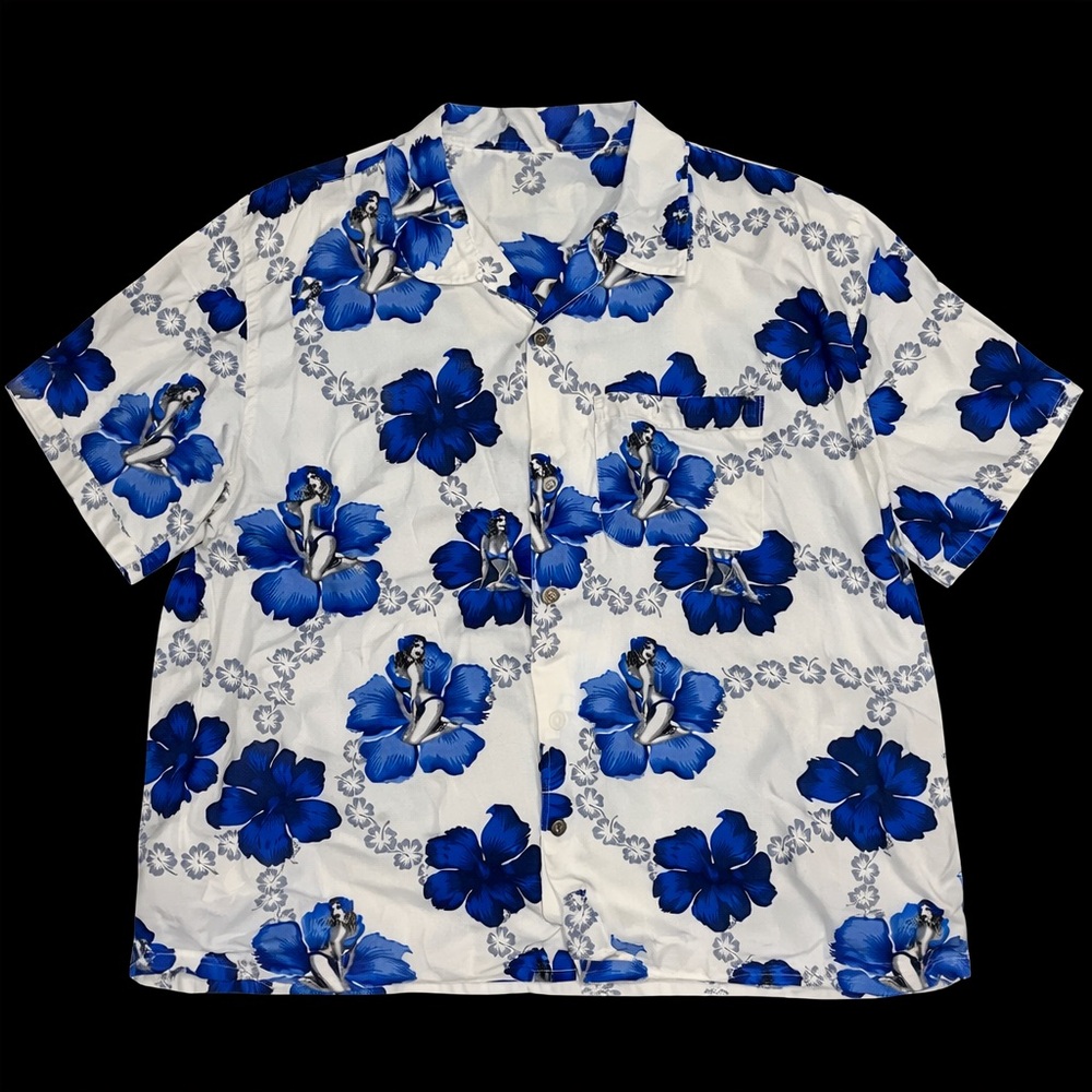 Steve & Barry’s Classic Hawaiian Shirt Pin-Up Girl Floral White Blue XXXL